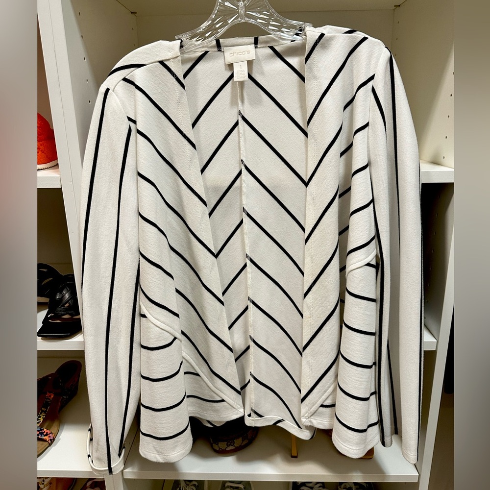 NWOT Chico’s knit fabric open cardi size 1 white with black stripes